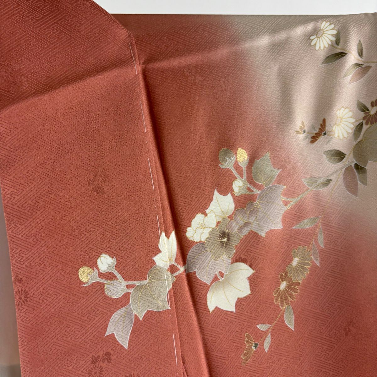 【美品】訪問服 身長160cm 袖長64cm M 雙層 菊花 稻穗 金絲 金銀彩 粉紅 純蠶絲 秀品級