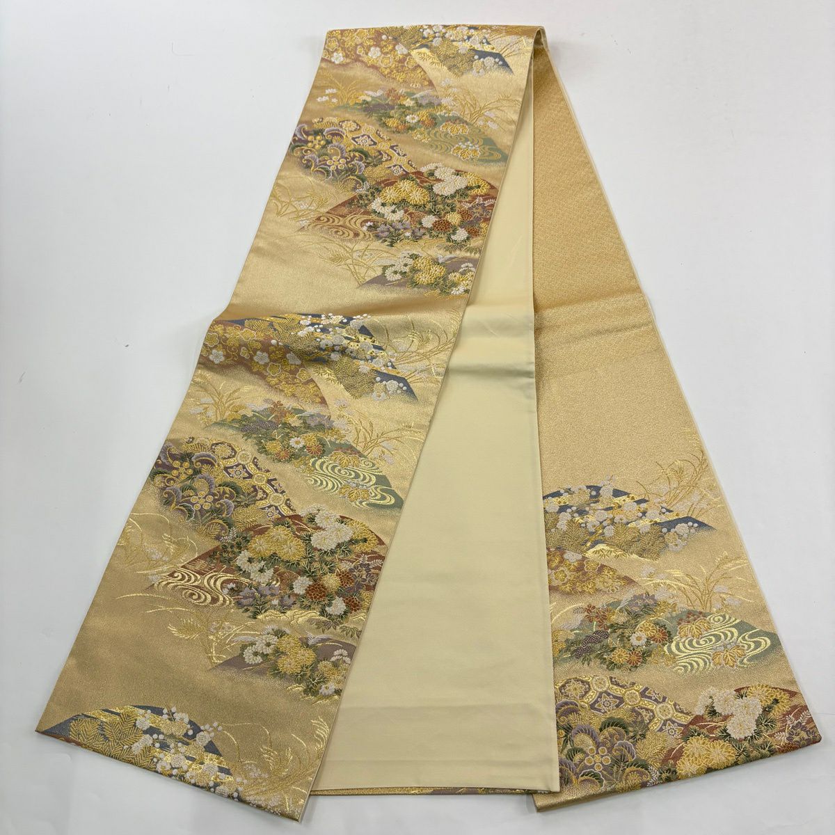 【美品】訪問服 身長160cm 袖長64cm M 雙層 菊花 稻穗 金絲 金銀彩 粉紅 純蠶絲 秀品級