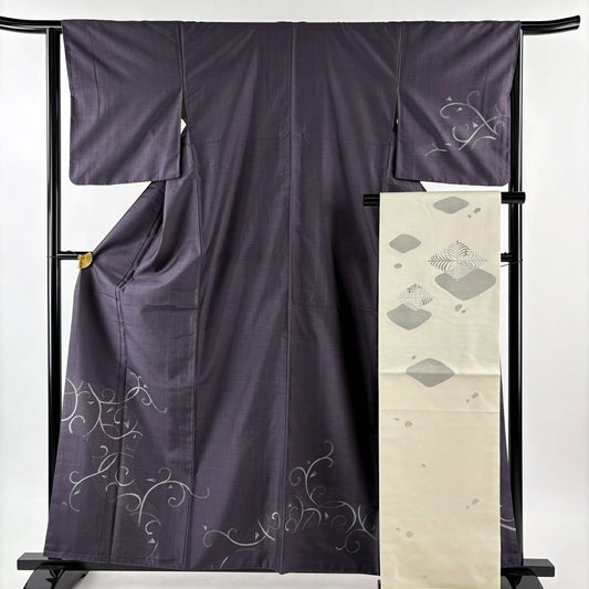 【美品】 付下 身長160cm 袖長63cm S 雙層 袋帶套裝 大島紬織織 証書齊全 唐草紋 霞 紫 純蠶絲 名品級