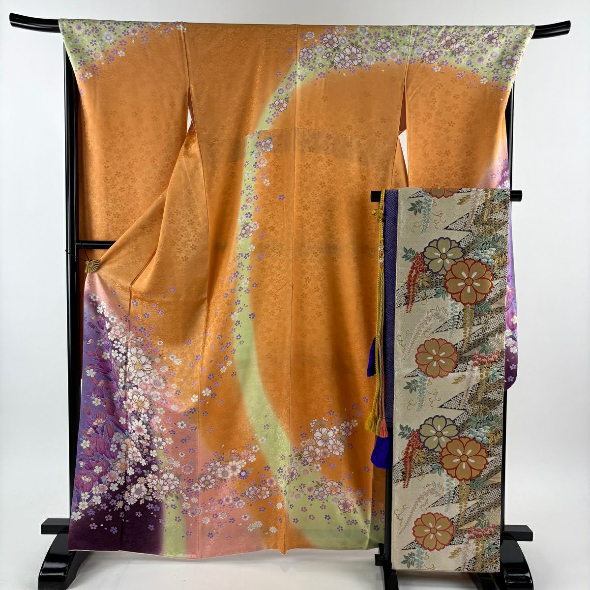 【美品】振袖禮服 身長166.5cm 袖長68.5cm L 雙層 袋帶全套櫻花 鬱金香 金絲 金銀彩 橙色 純蠶絲 名品級