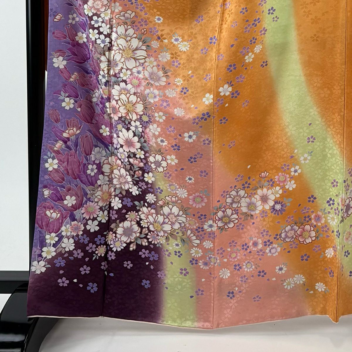 【美品】振袖禮服 身長166.5cm 袖長68.5cm L 雙層 袋帶全套櫻花 鬱金香 金絲 金銀彩 橙色 純蠶絲 名品級