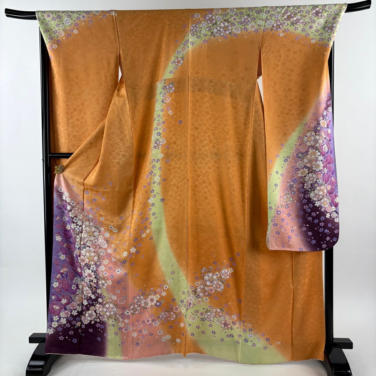 【美品】振袖禮服 身長166.5cm 袖長68.5cm L 雙層 袋帶全套櫻花 鬱金香 金絲 金銀彩 橙色 純蠶絲 名品級