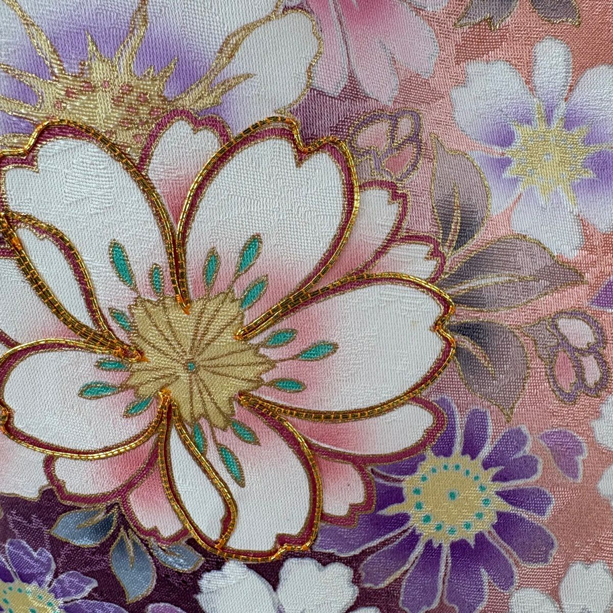 【美品】振袖禮服 身長166.5cm 袖長68.5cm L 雙層 袋帶全套櫻花 鬱金香 金絲 金銀彩 橙色 純蠶絲 名品級