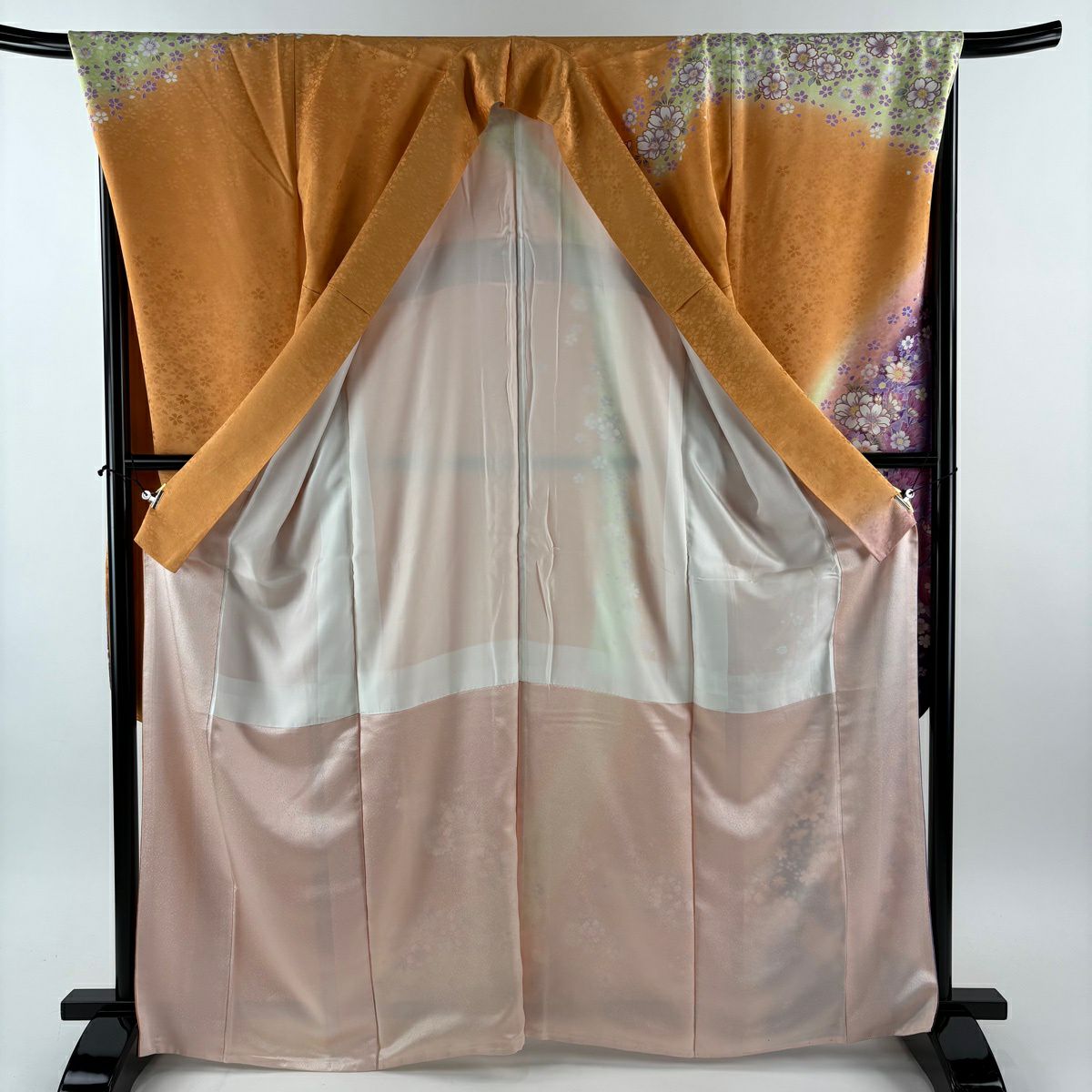 【美品】振袖禮服 身長166.5cm 袖長68.5cm L 雙層 袋帶全套櫻花 鬱金香 金絲 金銀彩 橙色 純蠶絲 名品級