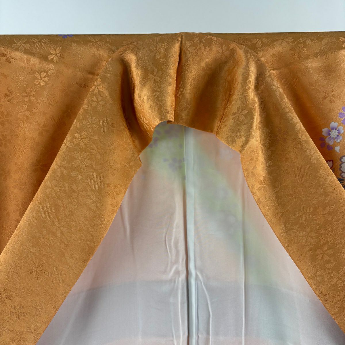 【美品】振袖禮服 身長166.5cm 袖長68.5cm L 雙層 袋帶全套櫻花 鬱金香 金絲 金銀彩 橙色 純蠶絲 名品級