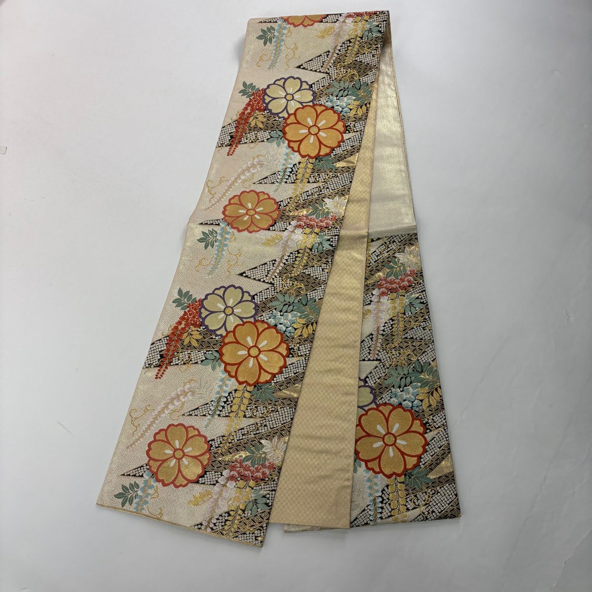 【美品】振袖禮服 身長166.5cm 袖長68.5cm L 雙層 袋帶全套櫻花 鬱金香 金絲 金銀彩 橙色 純蠶絲 名品級