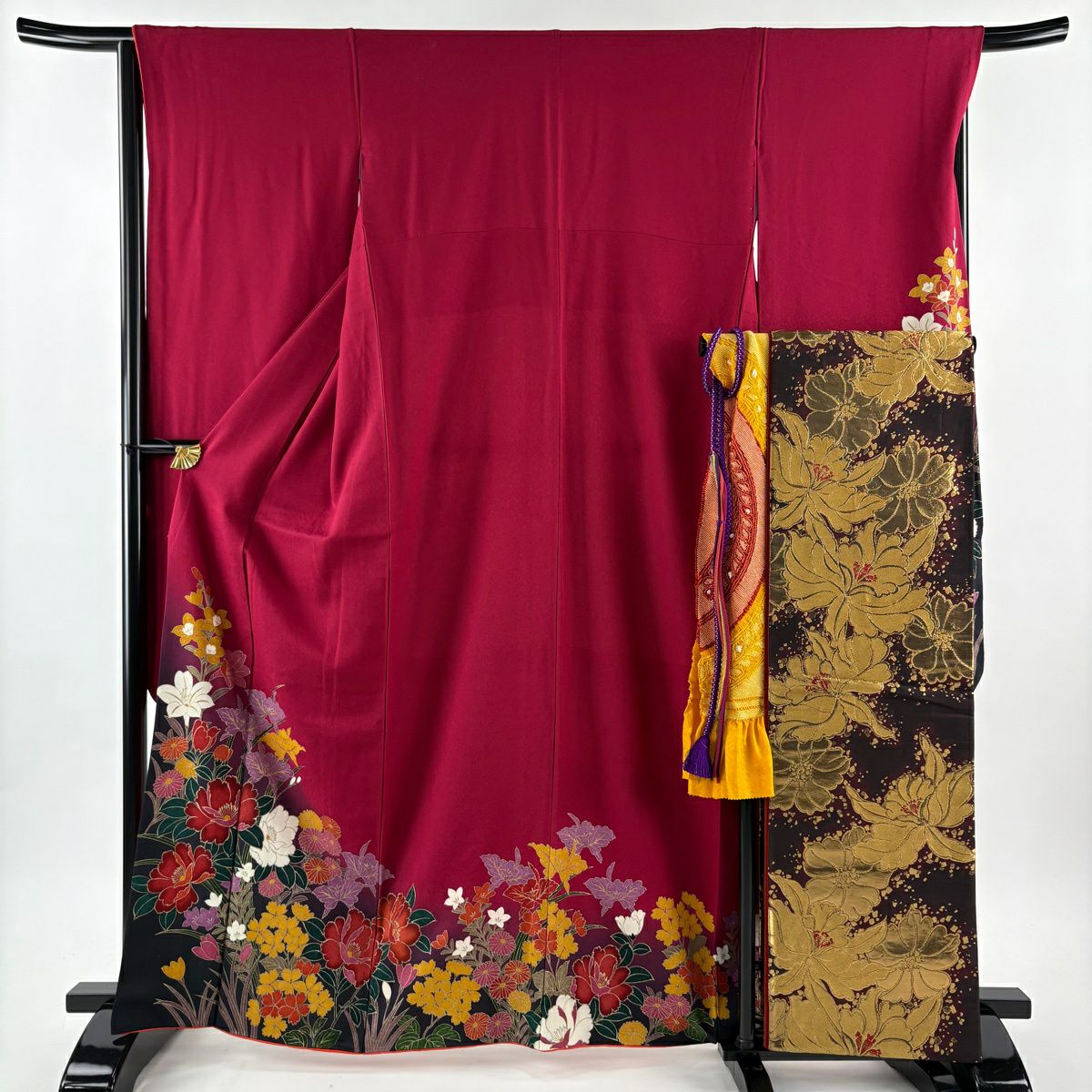 【美品】振袖禮服 身長164cm 袖長65.5cm M 雙層 袋帶全套 草花紋紋 菊花花 金銀彩 漸層 紅紫 純蠶絲 優品級