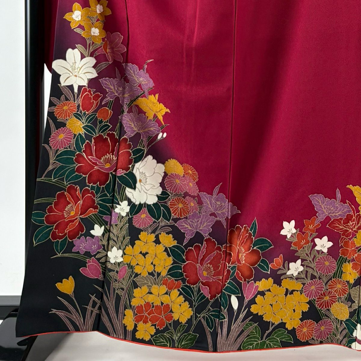 【美品】振袖禮服 身長164cm 袖長65.5cm M 雙層 袋帶全套 草花紋紋 菊花花 金銀彩 漸層 紅紫 純蠶絲 優品級