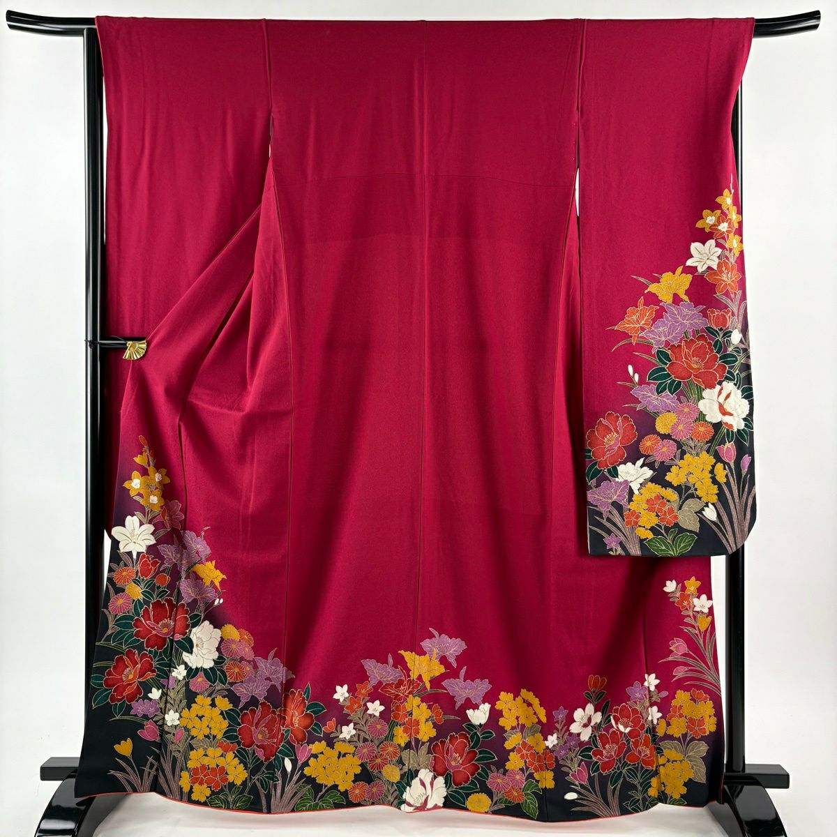 【美品】振袖禮服 身長164cm 袖長65.5cm M 雙層 袋帶全套 草花紋紋 菊花花 金銀彩 漸層 紅紫 純蠶絲 優品級