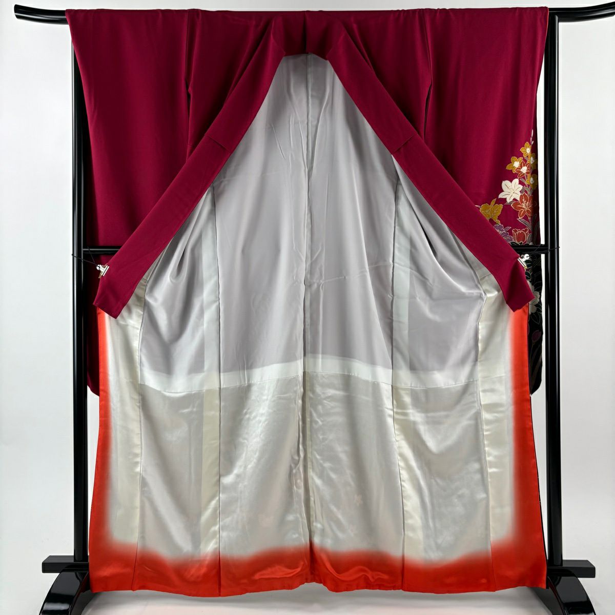【美品】振袖禮服 身長164cm 袖長65.5cm M 雙層 袋帶全套 草花紋紋 菊花花 金銀彩 漸層 紅紫 純蠶絲 優品級