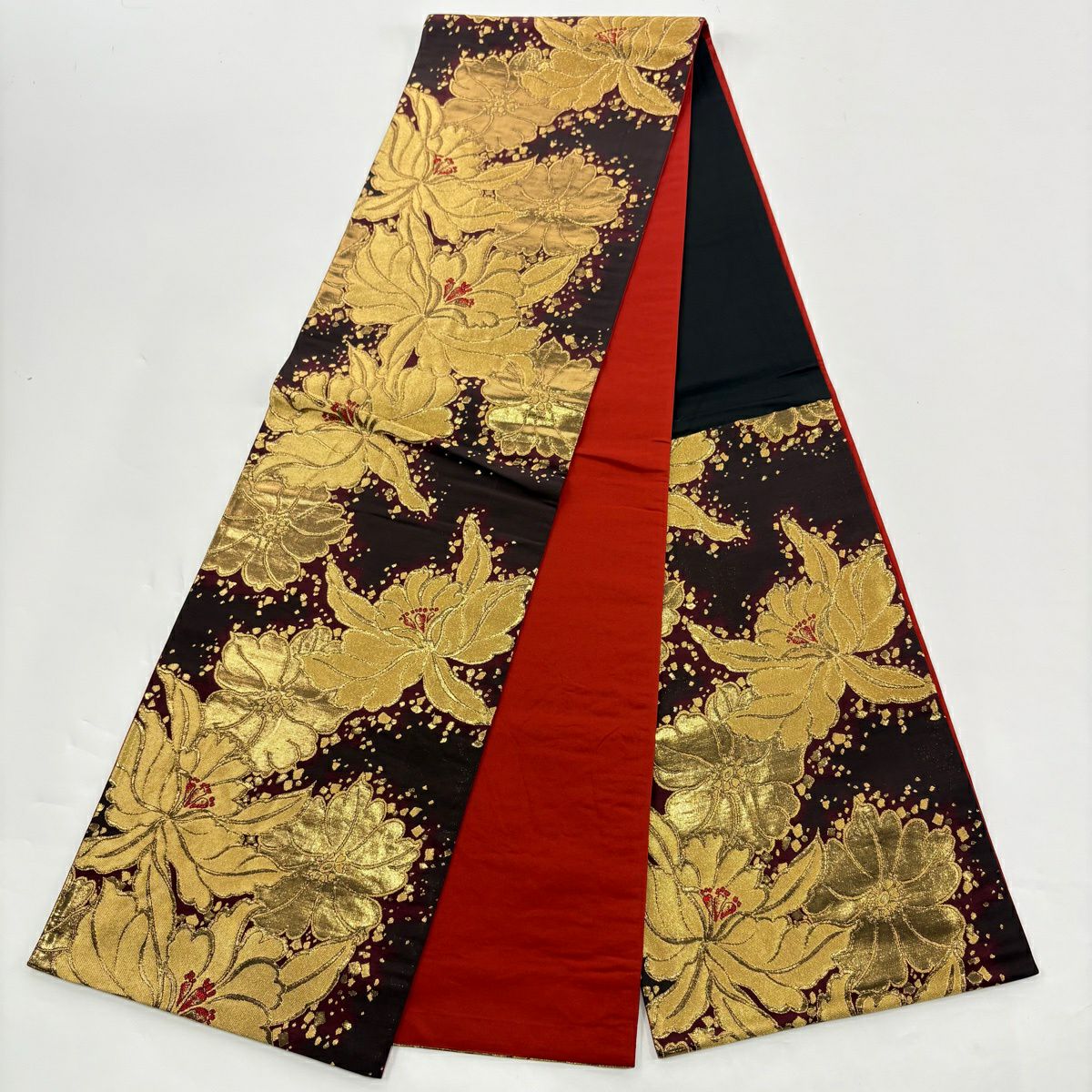 【美品】振袖禮服 身長164cm 袖長65.5cm M 雙層 袋帶全套 草花紋紋 菊花花 金銀彩 漸層 紅紫 純蠶絲 優品級