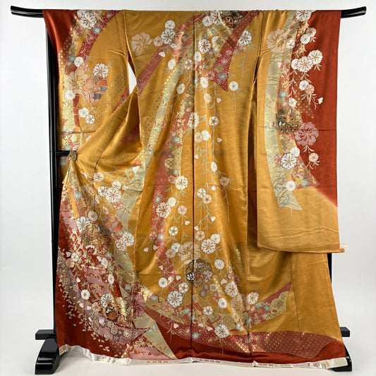 振袖禮服 身長174.5cm 袖長70cm 未仕立 櫻花 熨斗紋 金絲 金銀彩 山吹茶 純蠶絲 秀品級