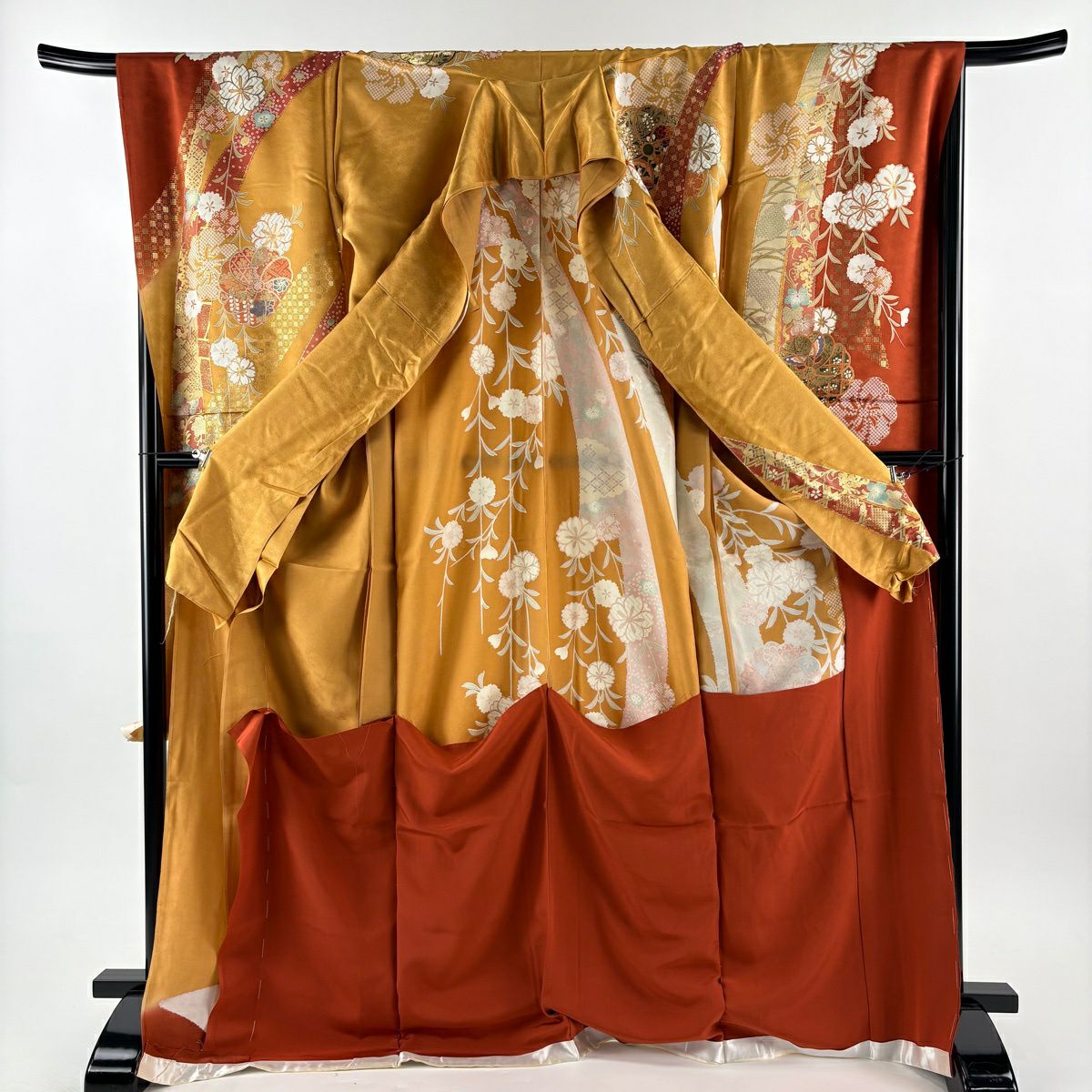 振袖禮服 身長174.5cm 袖長70cm 未仕立 櫻花 熨斗紋 金絲 金銀彩 山吹茶 純蠶絲 秀品級