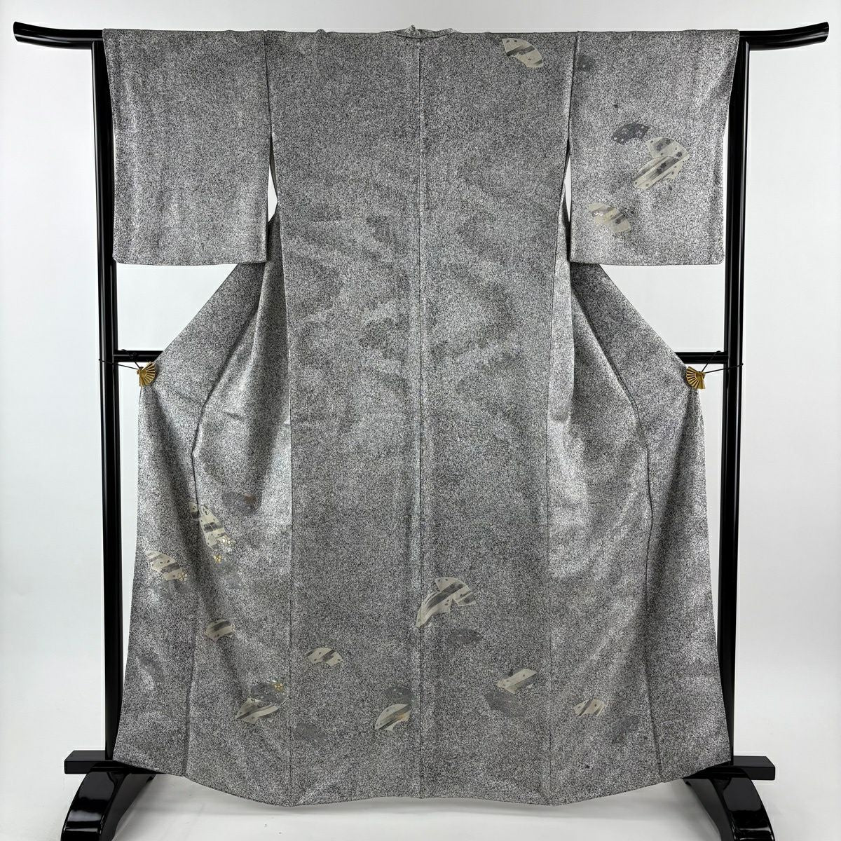 付下 身長162cm 袖長65cm M 雙層 扇子面 櫻花 刺繡 銀通 黑灰 純蠶絲 優品級