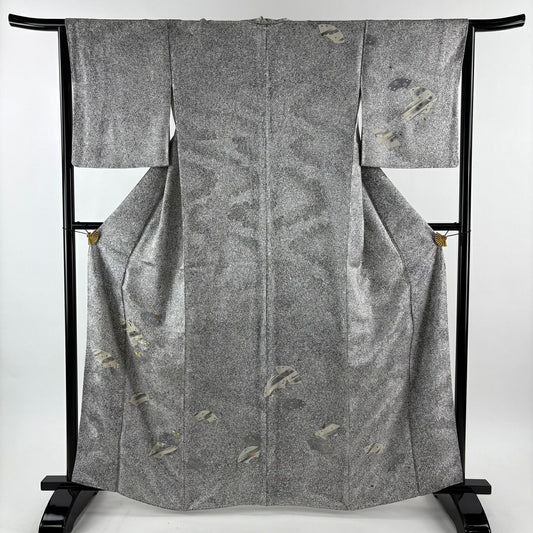 付下 身長162cm 袖長65cm M 雙層 扇子面 櫻花 刺繡 銀通 黑灰 純蠶絲 優品級