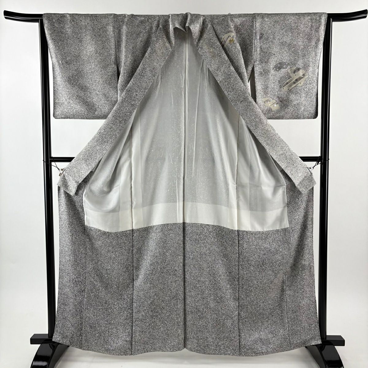 付下 身長162cm 袖長65cm M 雙層 扇子面 櫻花 刺繡 銀通 黑灰 純蠶絲 優品級