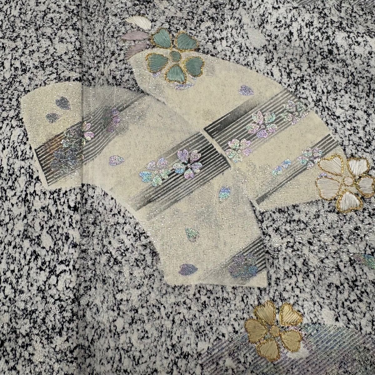 付下 身長162cm 袖長65cm M 雙層 扇子面 櫻花 刺繡 銀通 黑灰 純蠶絲 優品級