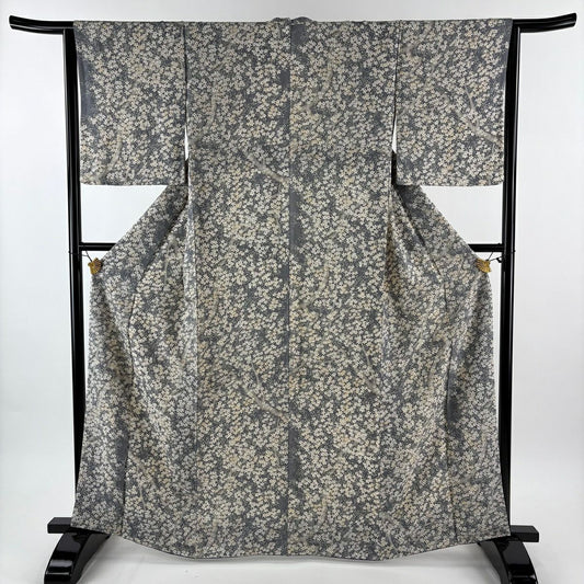 【美品】 小紋 身長162cm 袖長63.5cm S 雙層 枝花 灰綠 純蠶絲 秀品級