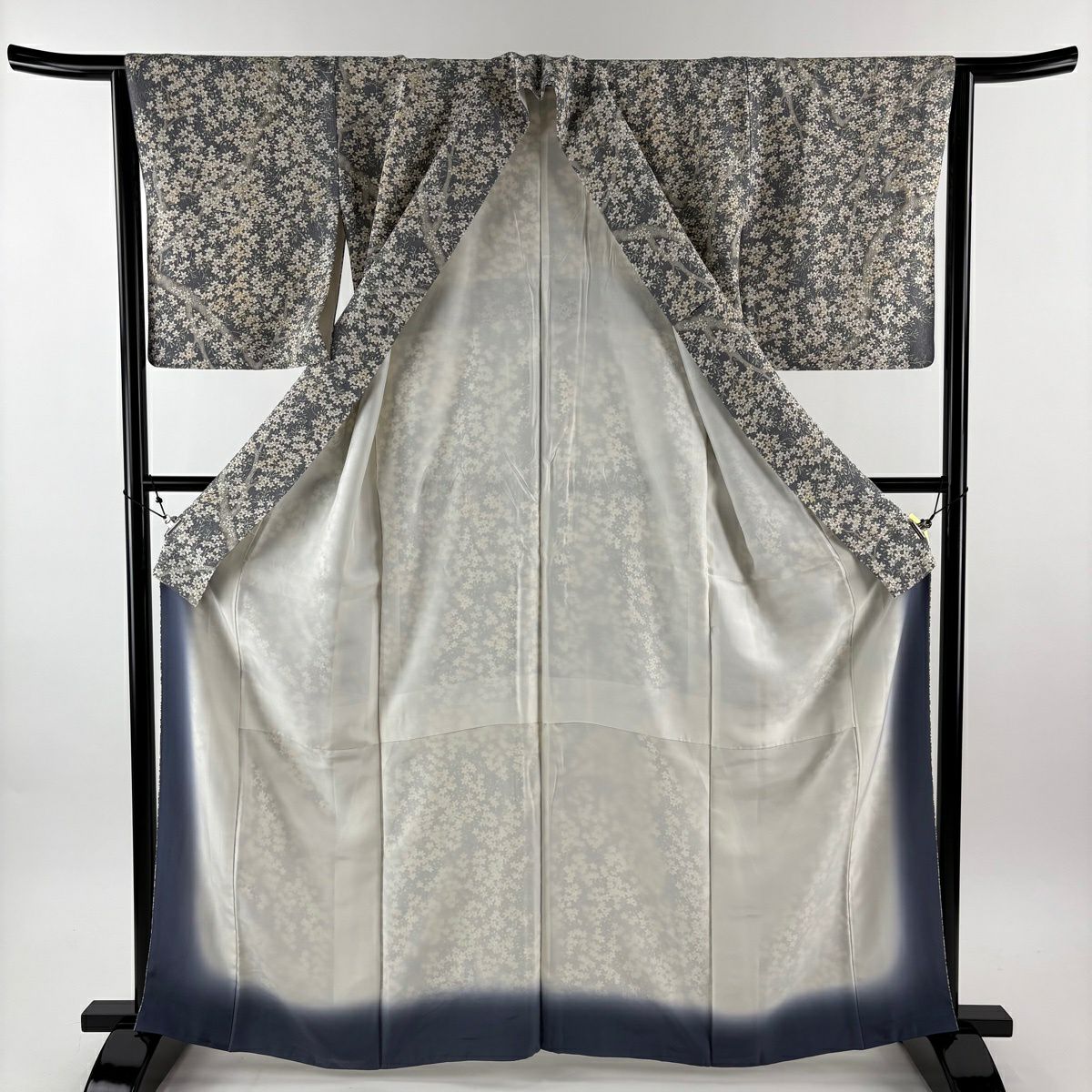 【美品】 小紋 身長162cm 袖長63.5cm S 雙層 枝花 灰綠 純蠶絲 秀品級