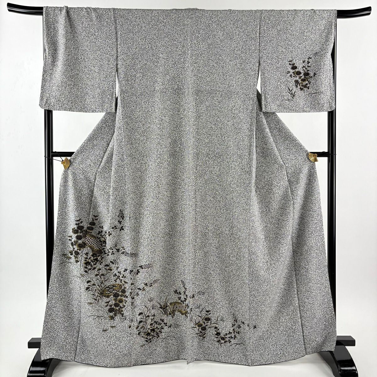 【美品】 付下 身長164cm 袖長68cm L 雙層 秋草 扇子面 金銀彩 黑灰 純蠶絲 優品級