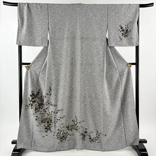【美品】 付下 身長164cm 袖長68cm L 雙層 秋草 扇子面 金銀彩 黑灰 純蠶絲 優品級