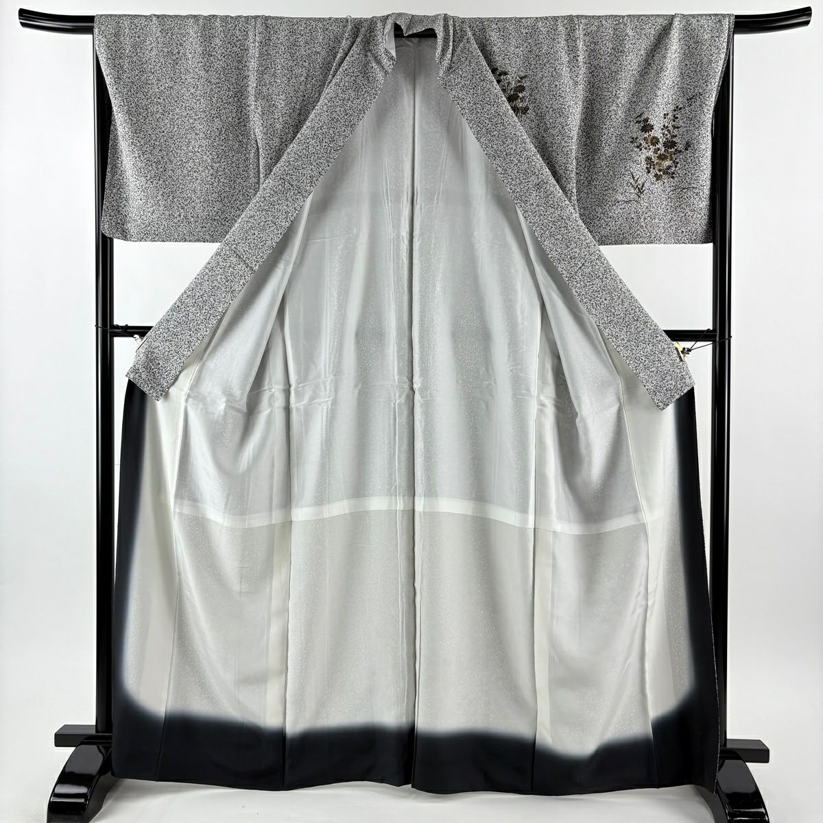 【美品】 付下 身長164cm 袖長68cm L 雙層 秋草 扇子面 金銀彩 黑灰 純蠶絲 優品級