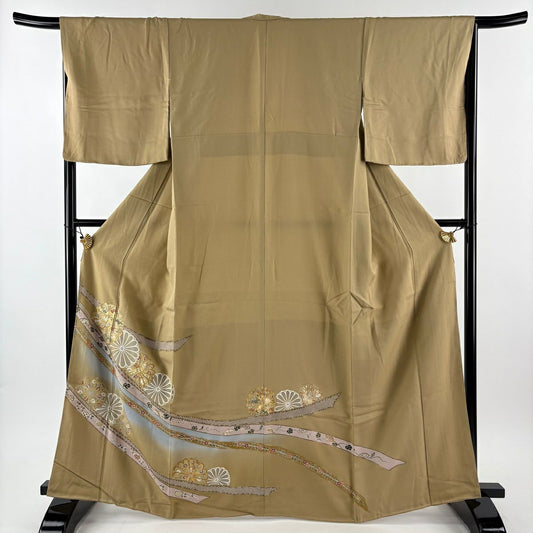 留袖禮服禮服 身長165cm 袖長67cm M 雙層 菊花花 熨斗紋 金絲 金銀彩 淺茶 純蠶絲 優品級