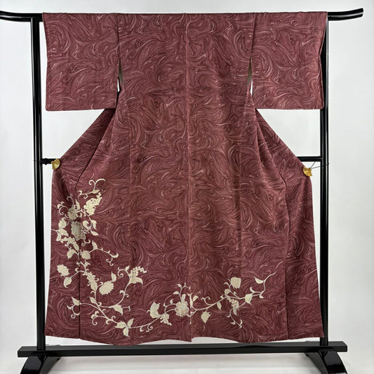 付下 身長154cm 袖長64cm M 雙層 花唐草紋 墨流 紅紫 純蠶絲 優品級