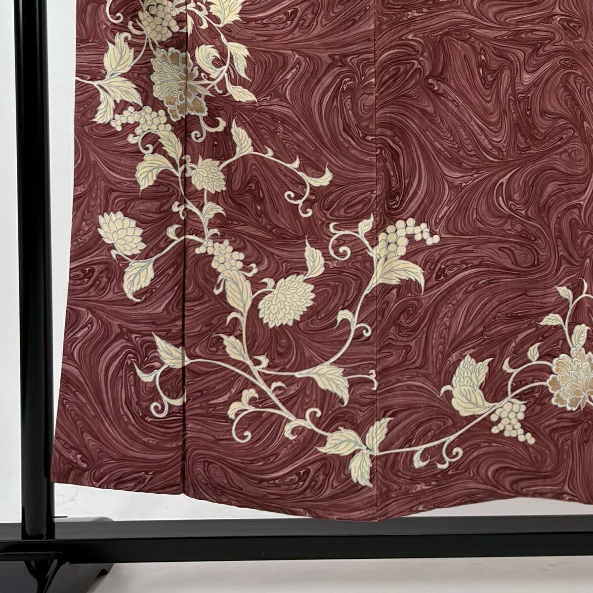付下 身長154cm 袖長64cm M 雙層 花唐草紋 墨流 紅紫 純蠶絲 優品級