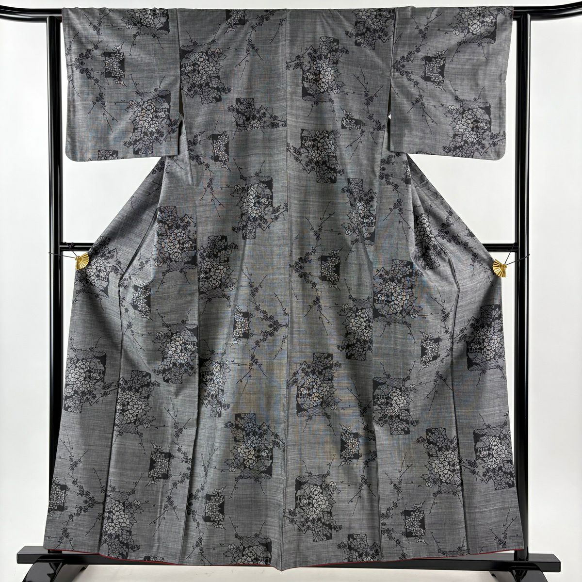 【美品】 紬織 身長159cm 袖長61.5cm S 雙層 色紙 草花紋紋 黑灰 純蠶絲 秀品級