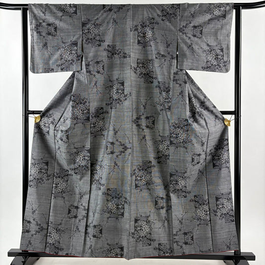 【美品】 紬織 身長159cm 袖長61.5cm S 雙層 色紙 草花紋紋 黑灰 純蠶絲 秀品級