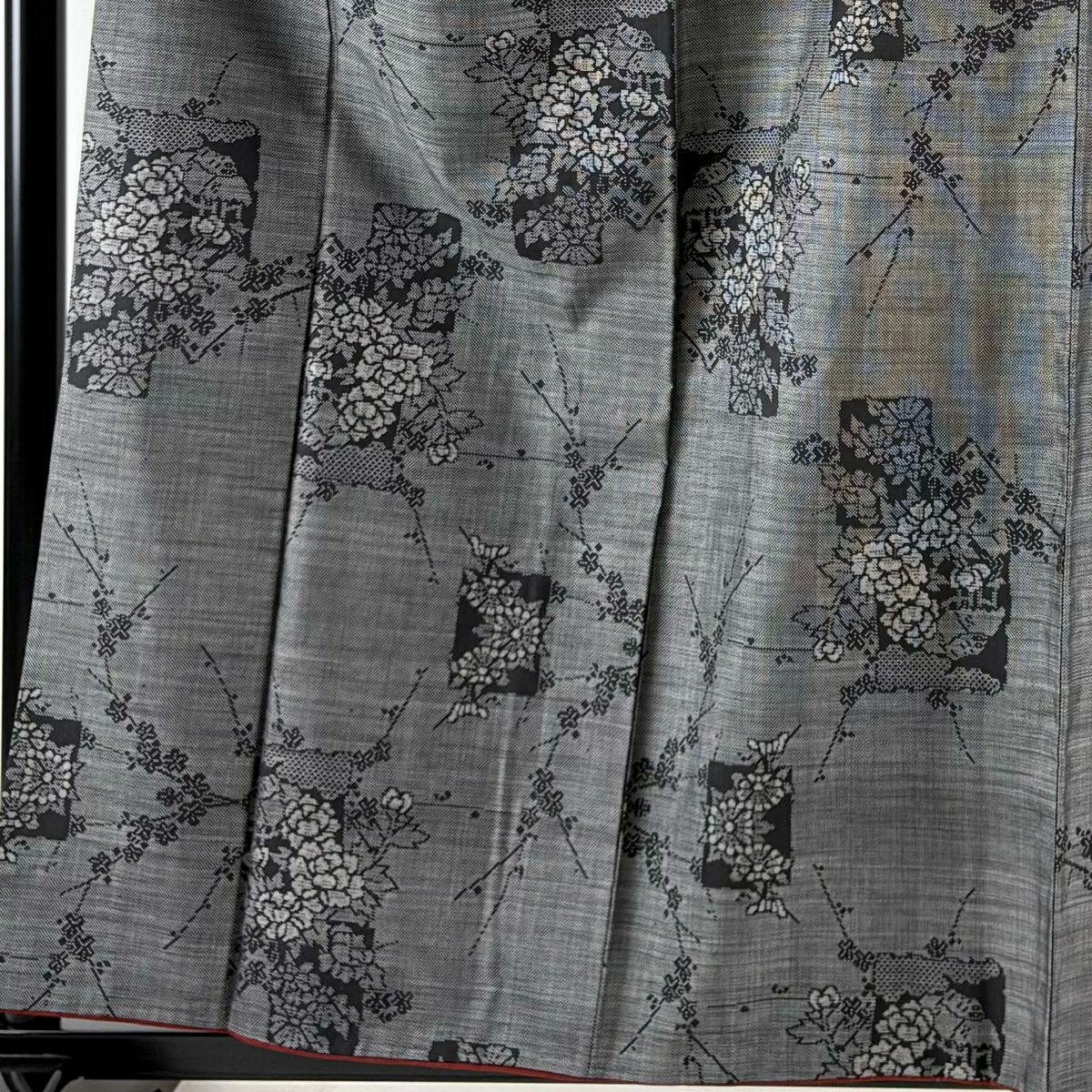 【美品】 紬織 身長159cm 袖長61.5cm S 雙層 色紙 草花紋紋 黑灰 純蠶絲 秀品級