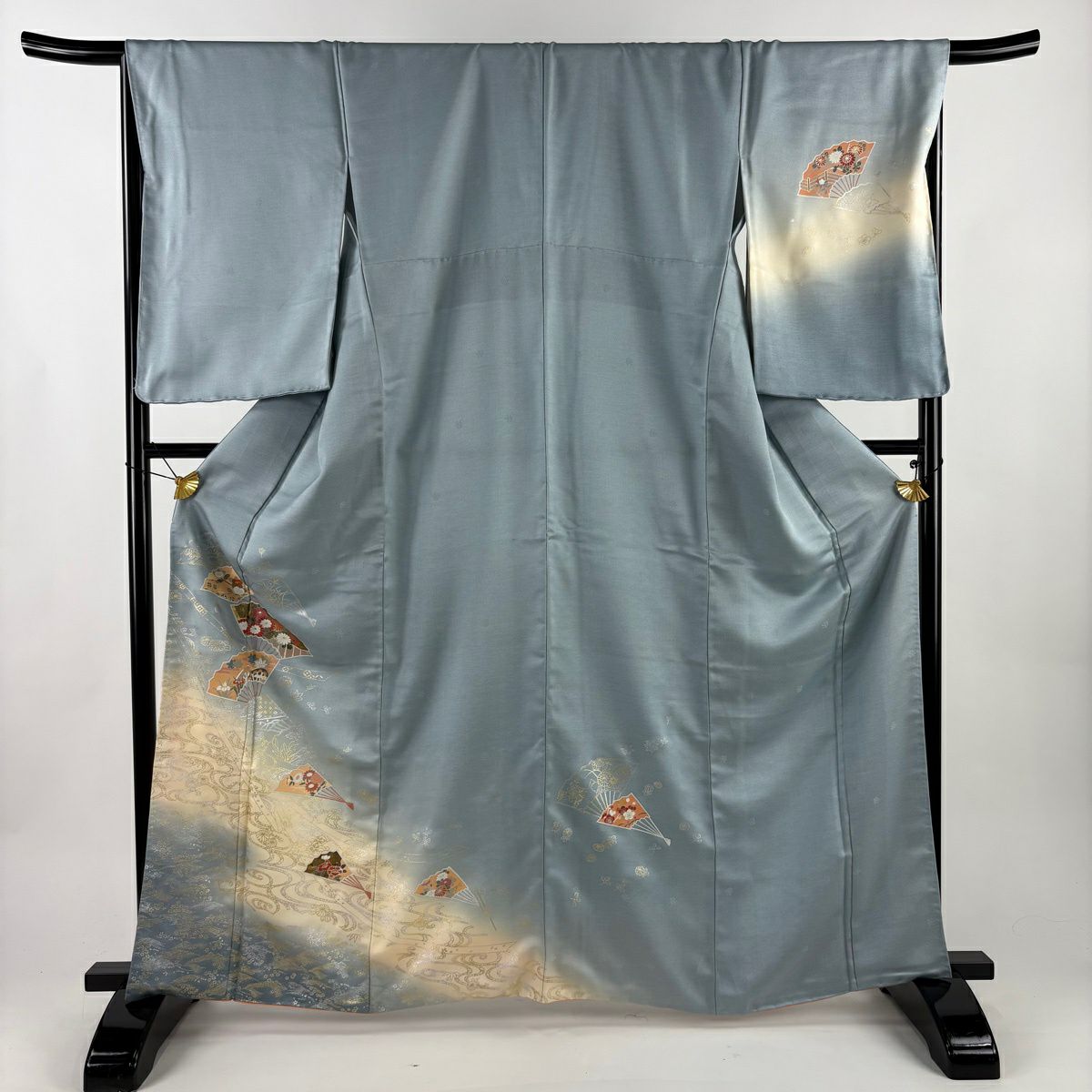 付下 身長164.5cm 袖長67cm M 雙層 扇子 菊花 金銀彩 漸層 水藍 純蠶絲 優品級
