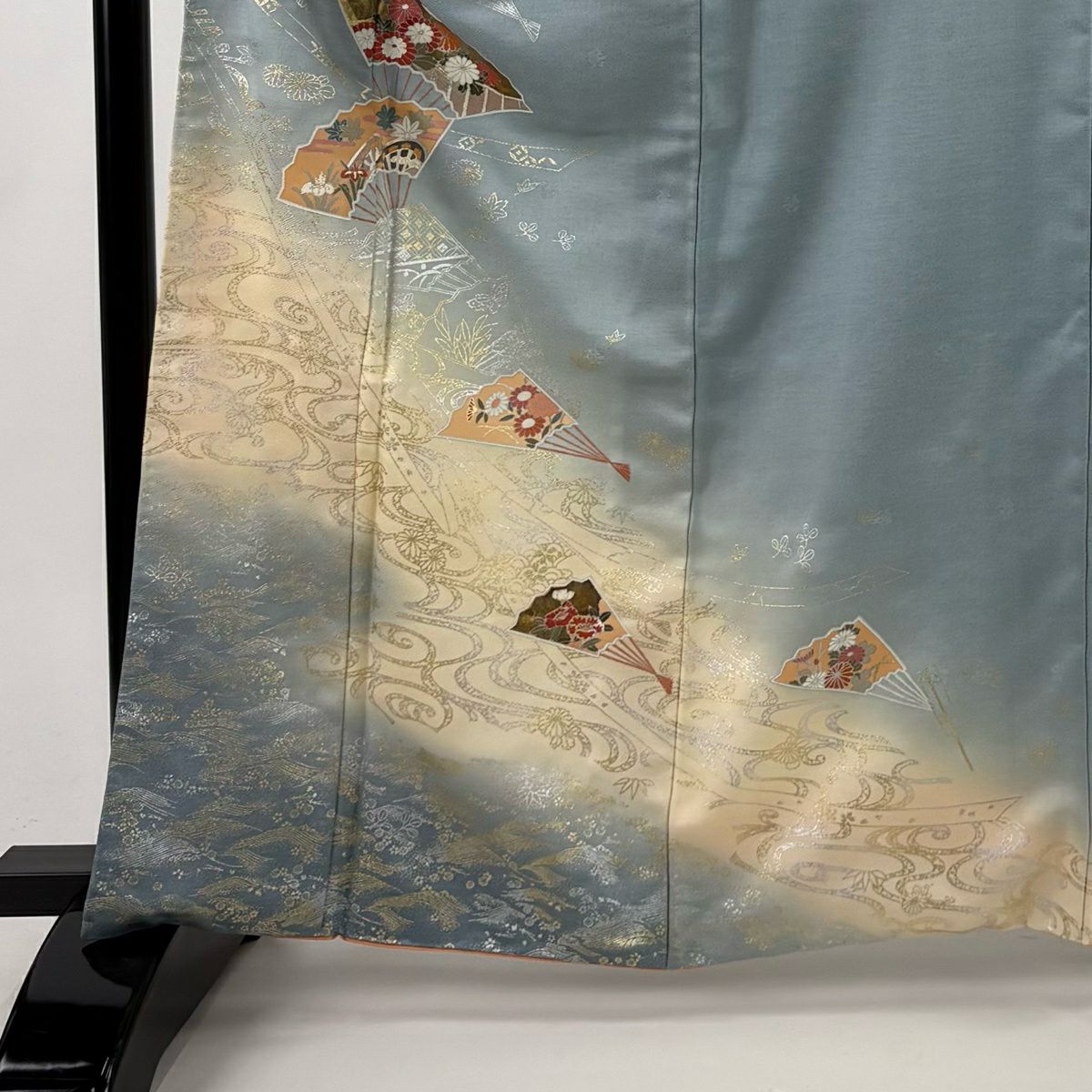 付下 身長164.5cm 袖長67cm M 雙層 扇子 菊花 金銀彩 漸層 水藍 純蠶絲 優品級