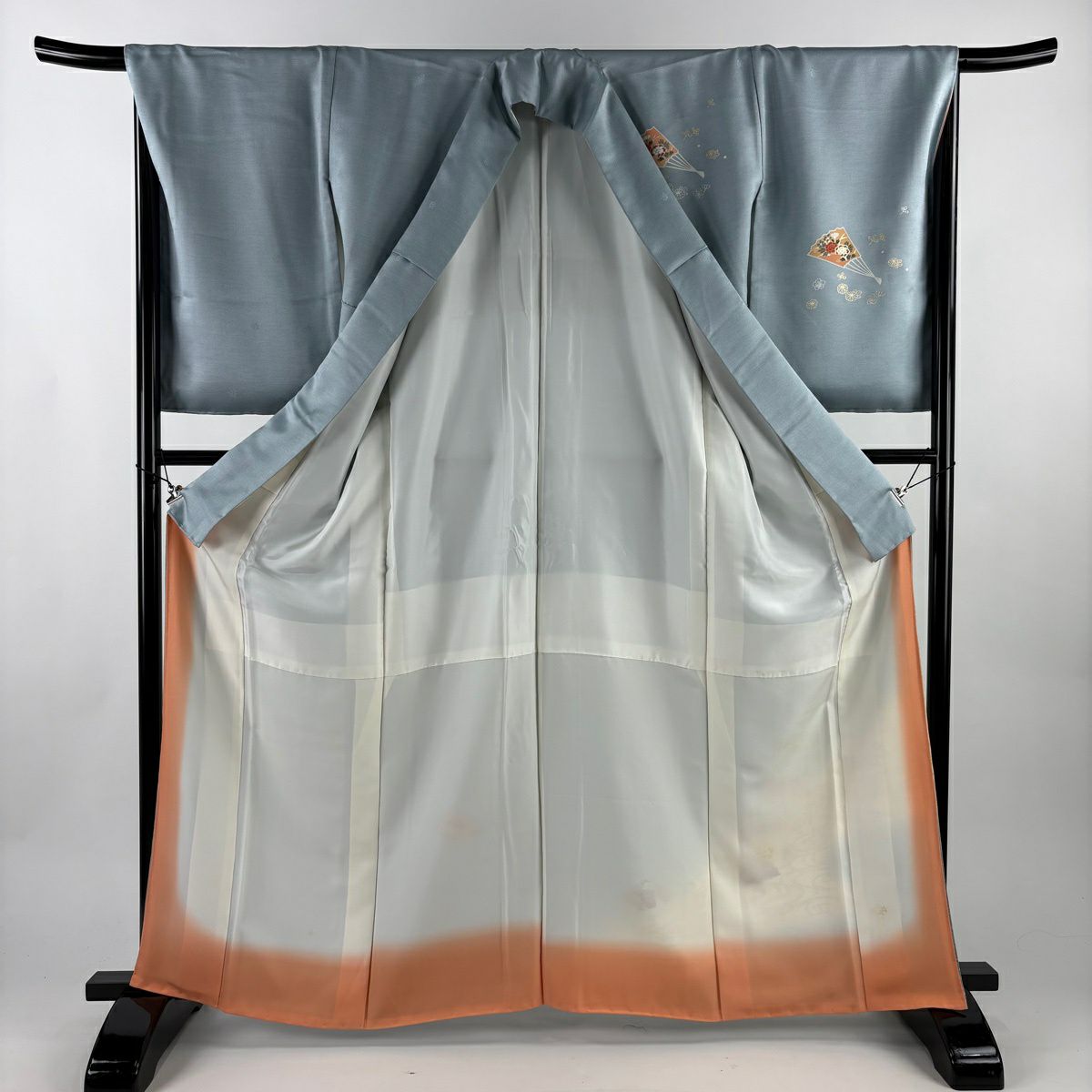 付下 身長164.5cm 袖長67cm M 雙層 扇子 菊花 金銀彩 漸層 水藍 純蠶絲 優品級