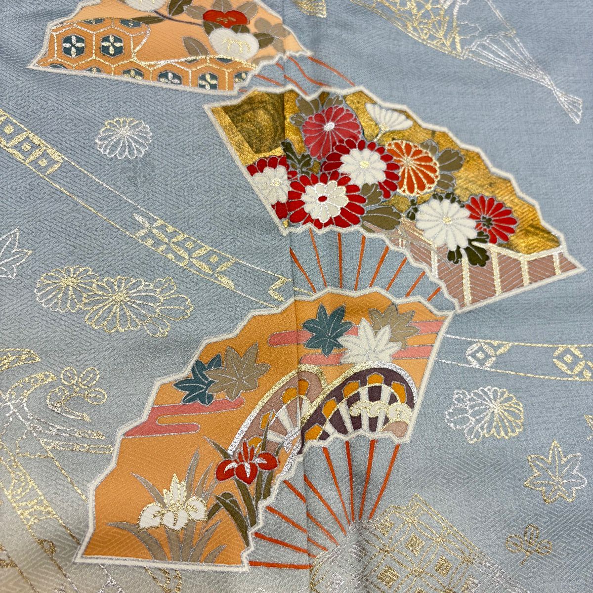 付下 身長164.5cm 袖長67cm M 雙層 扇子 菊花 金銀彩 漸層 水藍 純蠶絲 優品級
