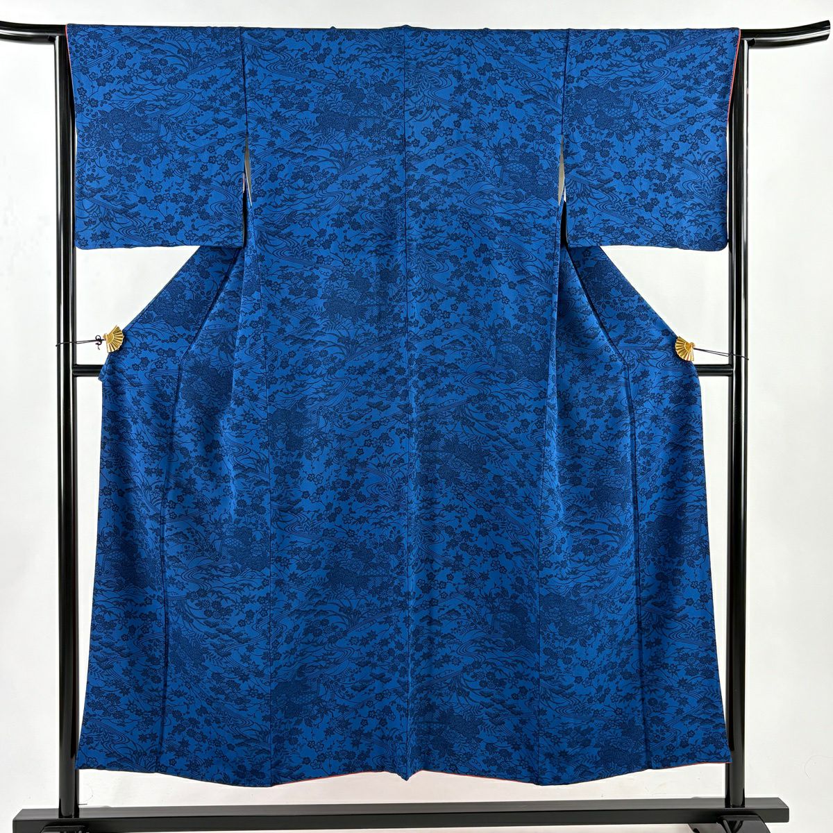 小紋 身長150cm 袖長65cm M 雙層 松樹竹子梅花 流水 深藍 純蠶絲 秀品級