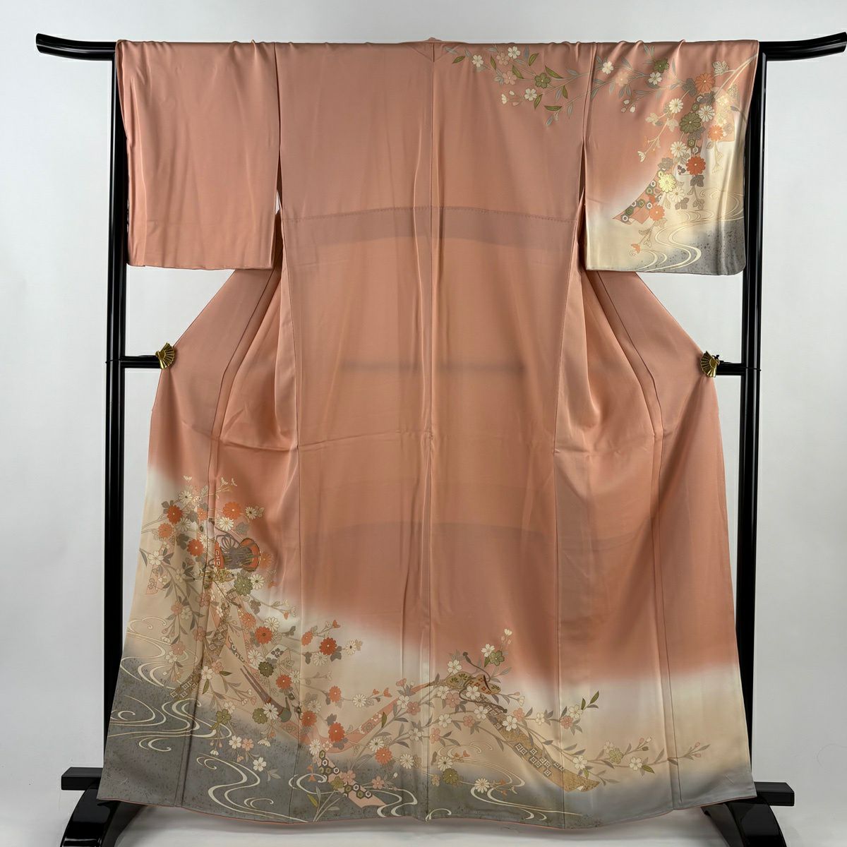 訪問服 身長164cm 袖長68cm L 雙層 和樂器 菊花 金絲 金銀彩 粉紅 純蠶絲 優品級