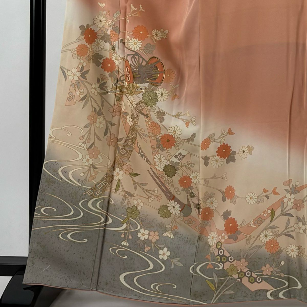 訪問服 身長164cm 袖長68cm L 雙層 和樂器 菊花 金絲 金銀彩 粉紅 純蠶絲 優品級