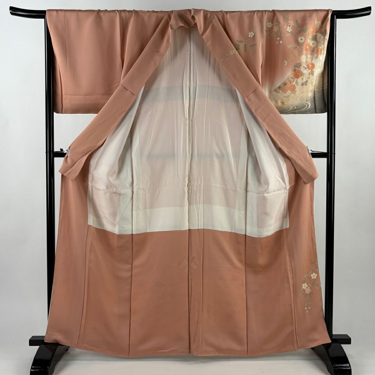 訪問服 身長164cm 袖長68cm L 雙層 和樂器 菊花 金絲 金銀彩 粉紅 純蠶絲 優品級
