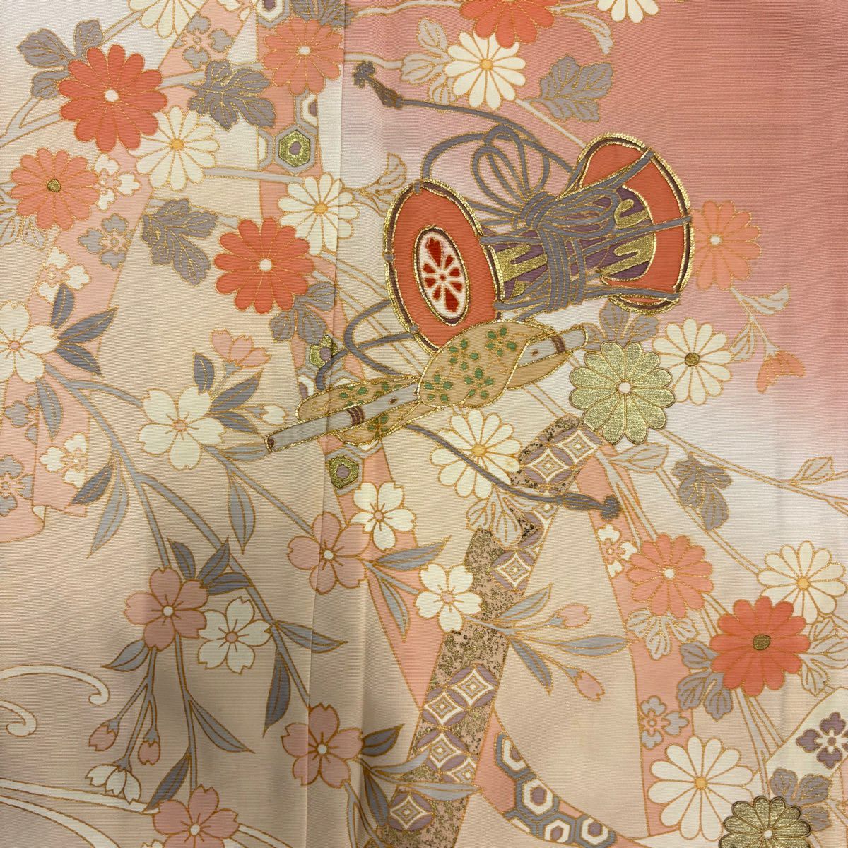 訪問服 身長164cm 袖長68cm L 雙層 和樂器 菊花 金絲 金銀彩 粉紅 純蠶絲 優品級