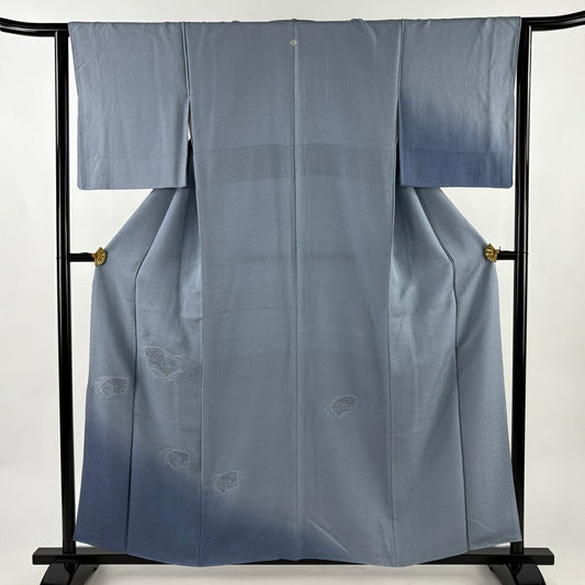 付下 身長157cm 袖長63.5cm S 雙層 扇子面 草花紋紋 刺繡 漸層 青灰 純蠶絲 秀品級 一個紋