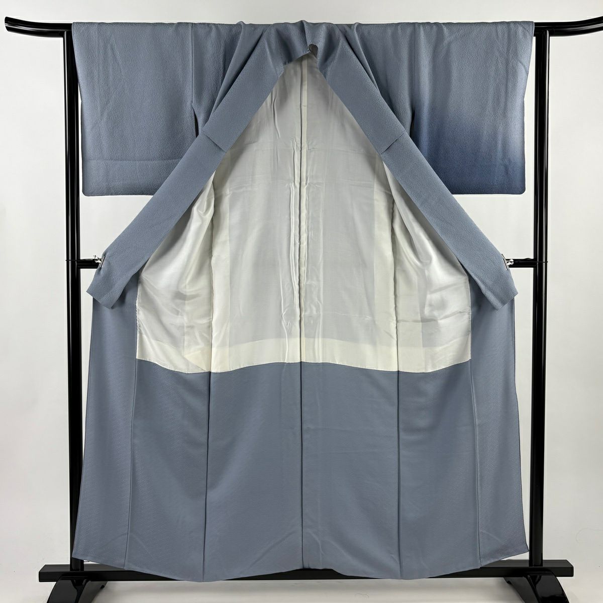 付下 身長157cm 袖長63.5cm S 雙層 扇子面 草花紋紋 刺繡 漸層 青灰 純蠶絲 秀品級 一個紋