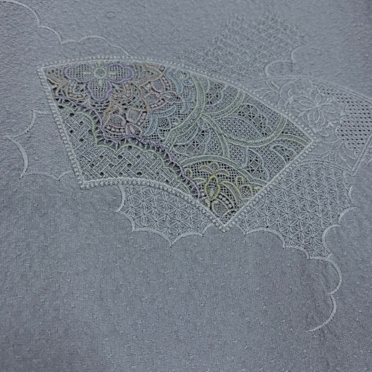 付下 身長157cm 袖長63.5cm S 雙層 扇子面 草花紋紋 刺繡 漸層 青灰 純蠶絲 秀品級 一個紋