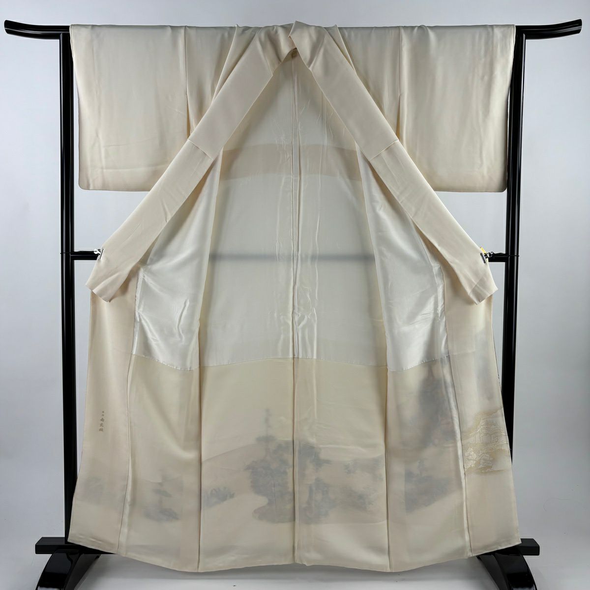 色留袖禮服 身長161cm 袖長64.5cm M 雙層 寿光織 山鉾 草花紋 金糸 刺繡 奶油色 純蠶絲 秀品級 一つ紋