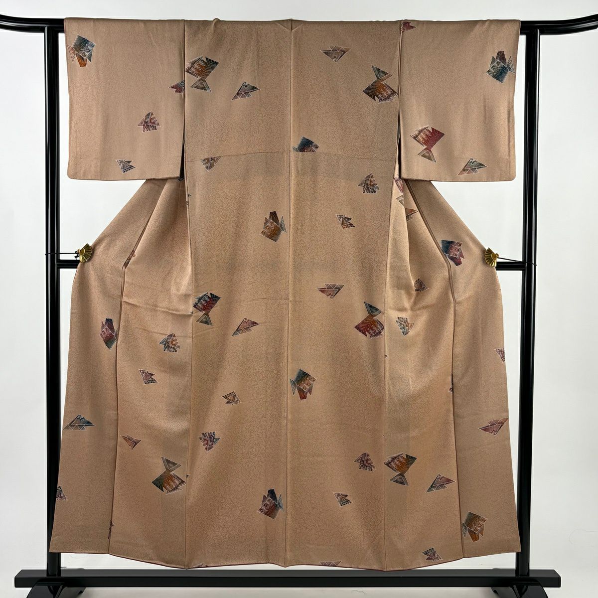 小紋 身長154.5cm 袖長61.5cm S 雙層 幾何學 葉柄 薄茶 純蠶絲 秀品級