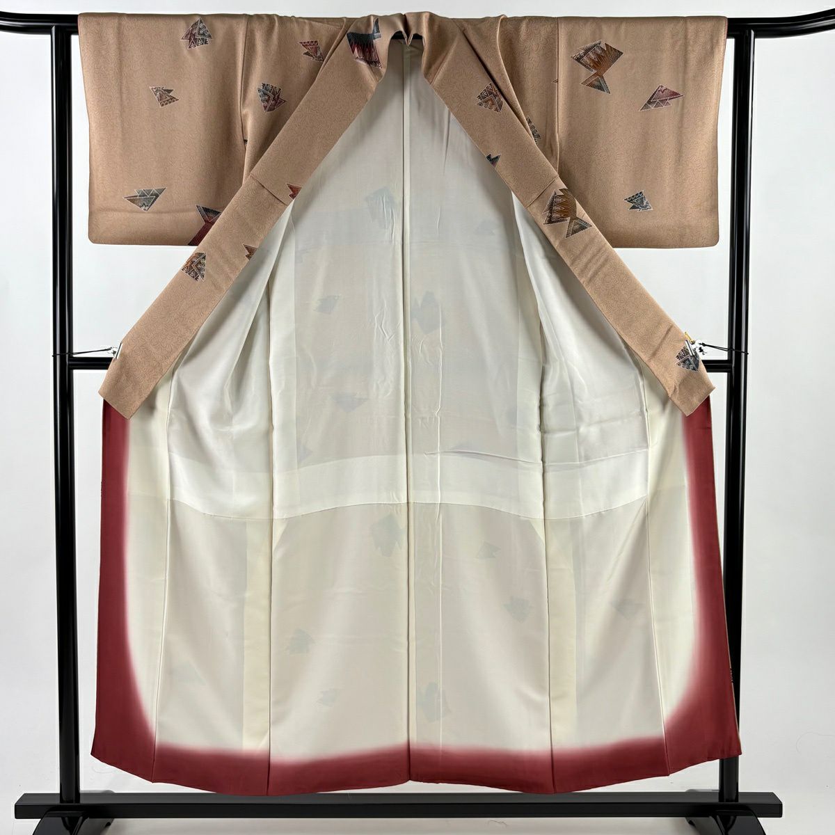 小紋 身長154.5cm 袖長61.5cm S 雙層 幾何學 葉柄 薄茶 純蠶絲 秀品級