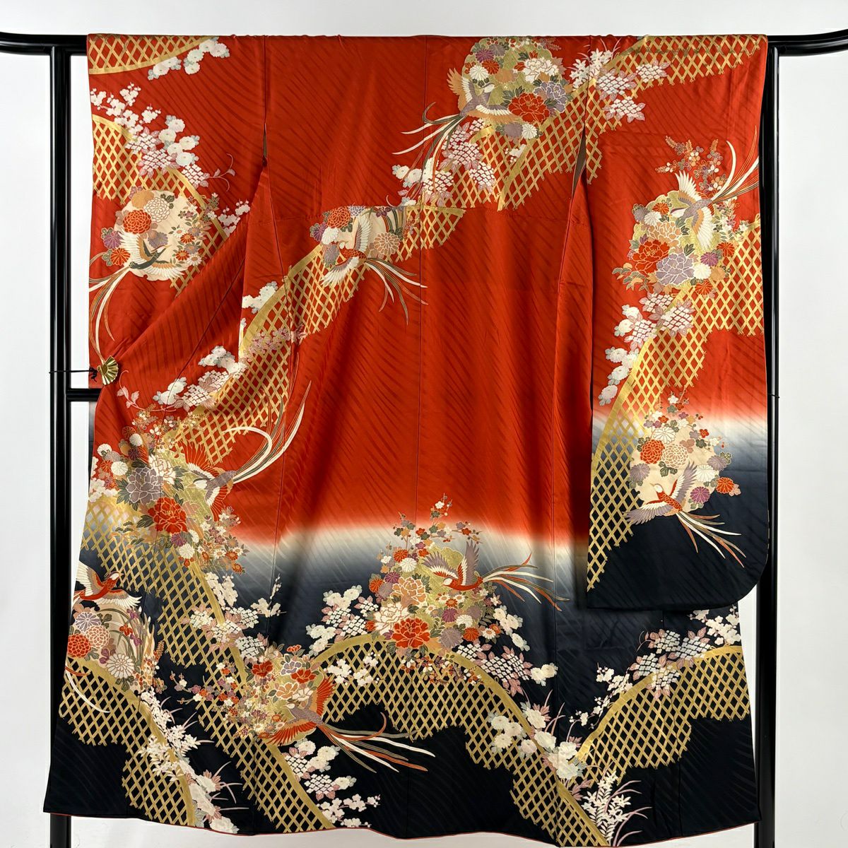 振袖禮服 身長151.5cm 袖長63cm S 雙層 鳥 草花紋 金彩裝飾 染分 朱 純蠶絲 秀品級