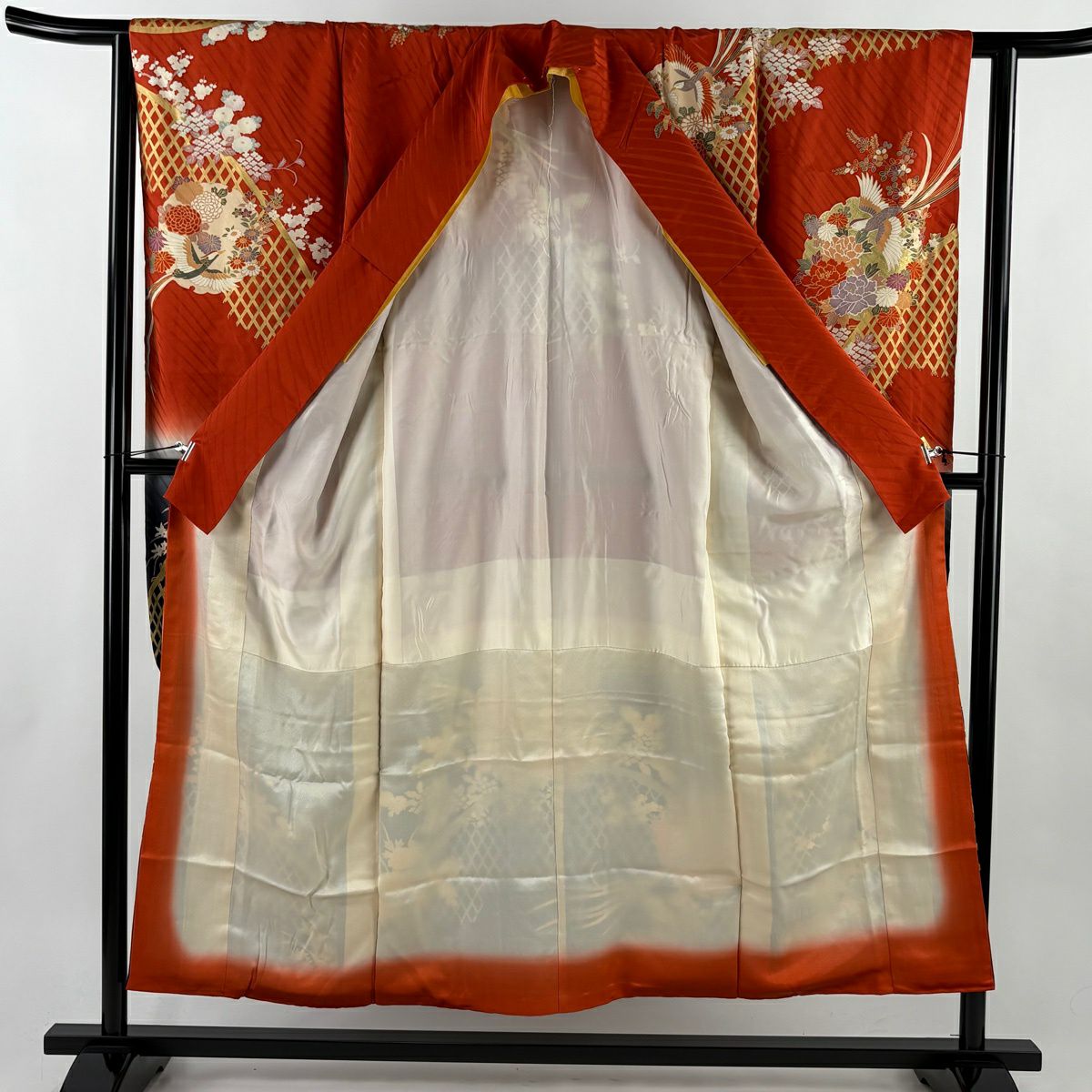 振袖禮服 身長151.5cm 袖長63cm S 雙層 鳥 草花紋 金彩裝飾 染分 朱 純蠶絲 秀品級