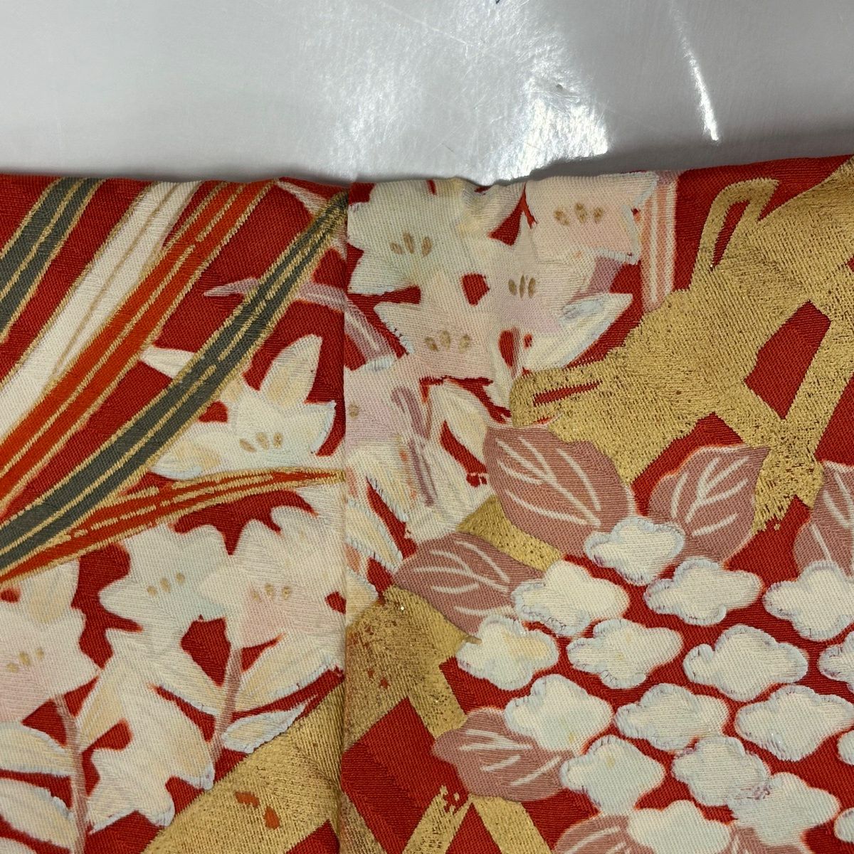 振袖禮服 身長151.5cm 袖長63cm S 雙層 鳥 草花紋 金彩裝飾 染分 朱 純蠶絲 秀品級